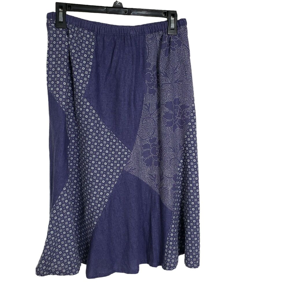 Orvis Womens Skirt Small Linen Blend Blue Patchwork Floral A Line Midi Pull On